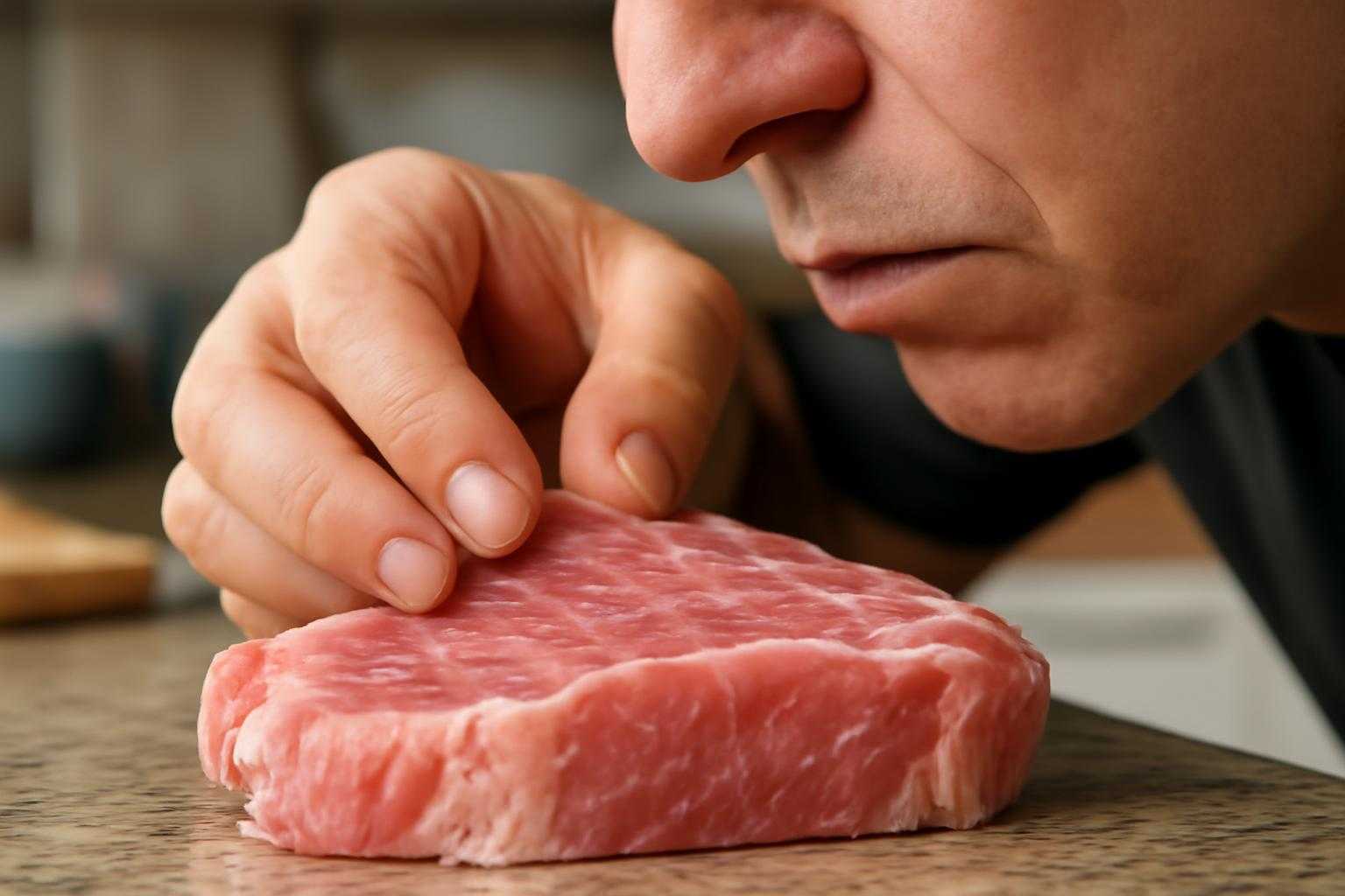 新鮮さを判断するため豚肉の色やニオイを確認している様子