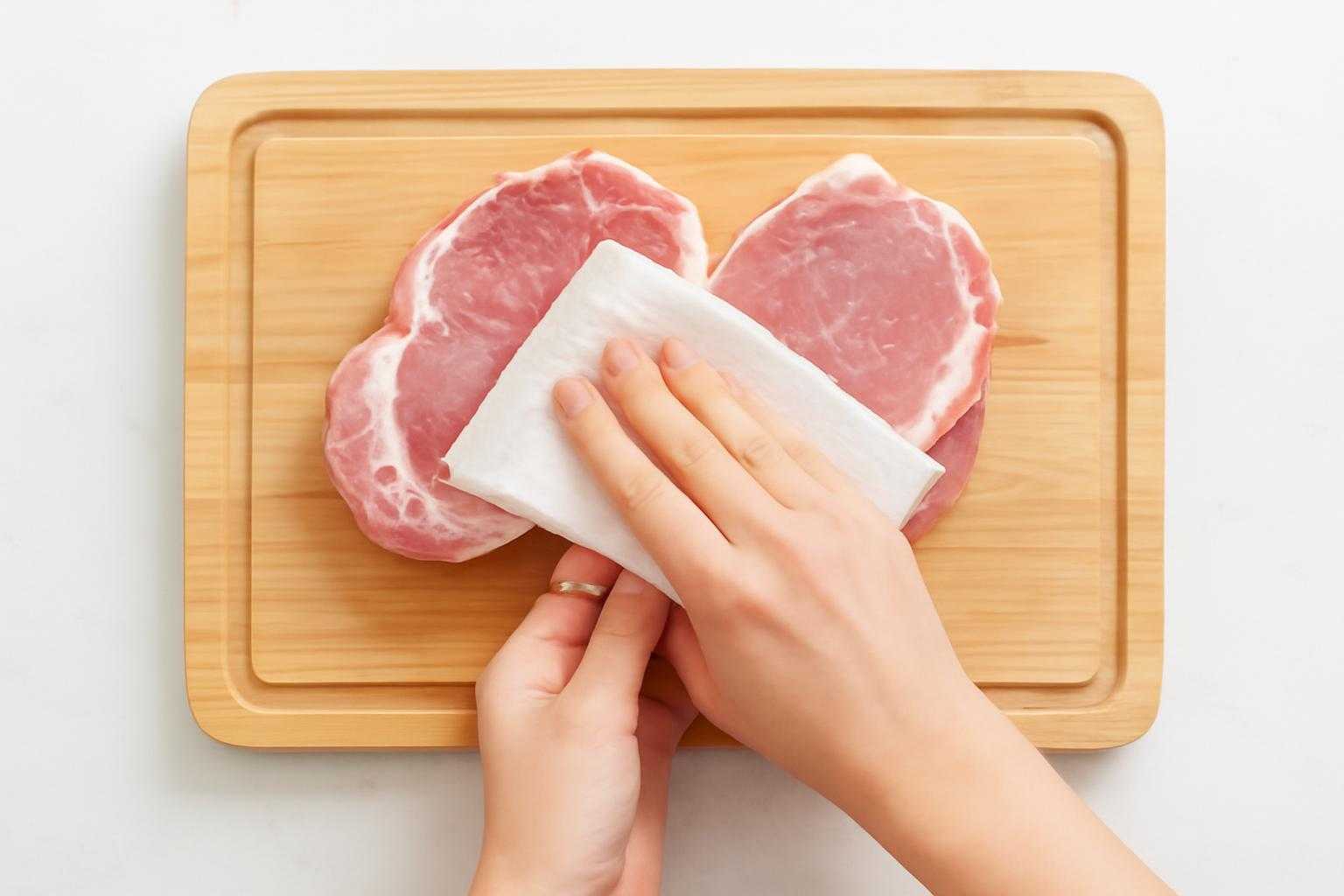 豚肉をペーパータオルで拭き取り、ドリップを除去する調理準備の様子