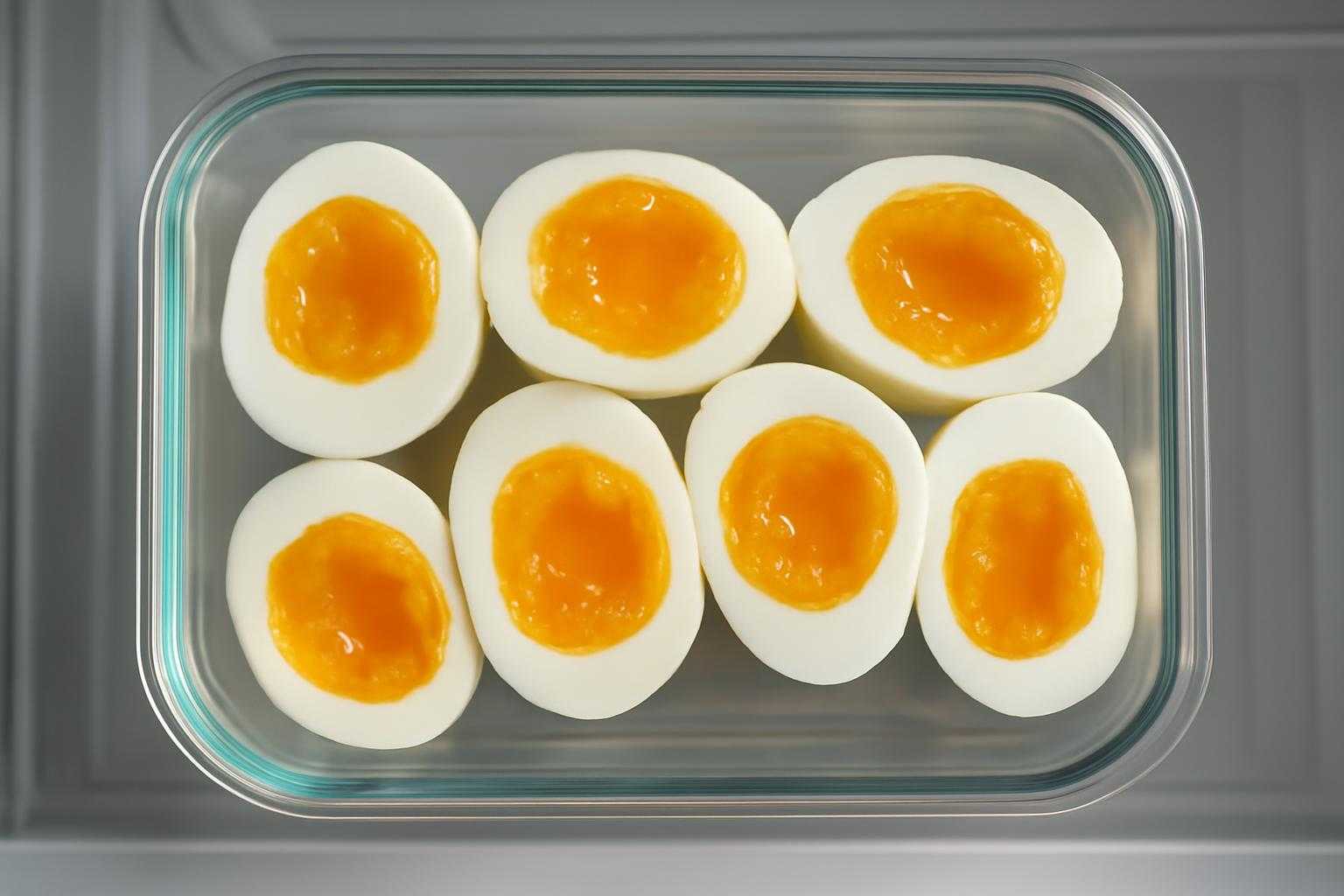 冷蔵庫の中に保存されている半熟の味玉の断面図