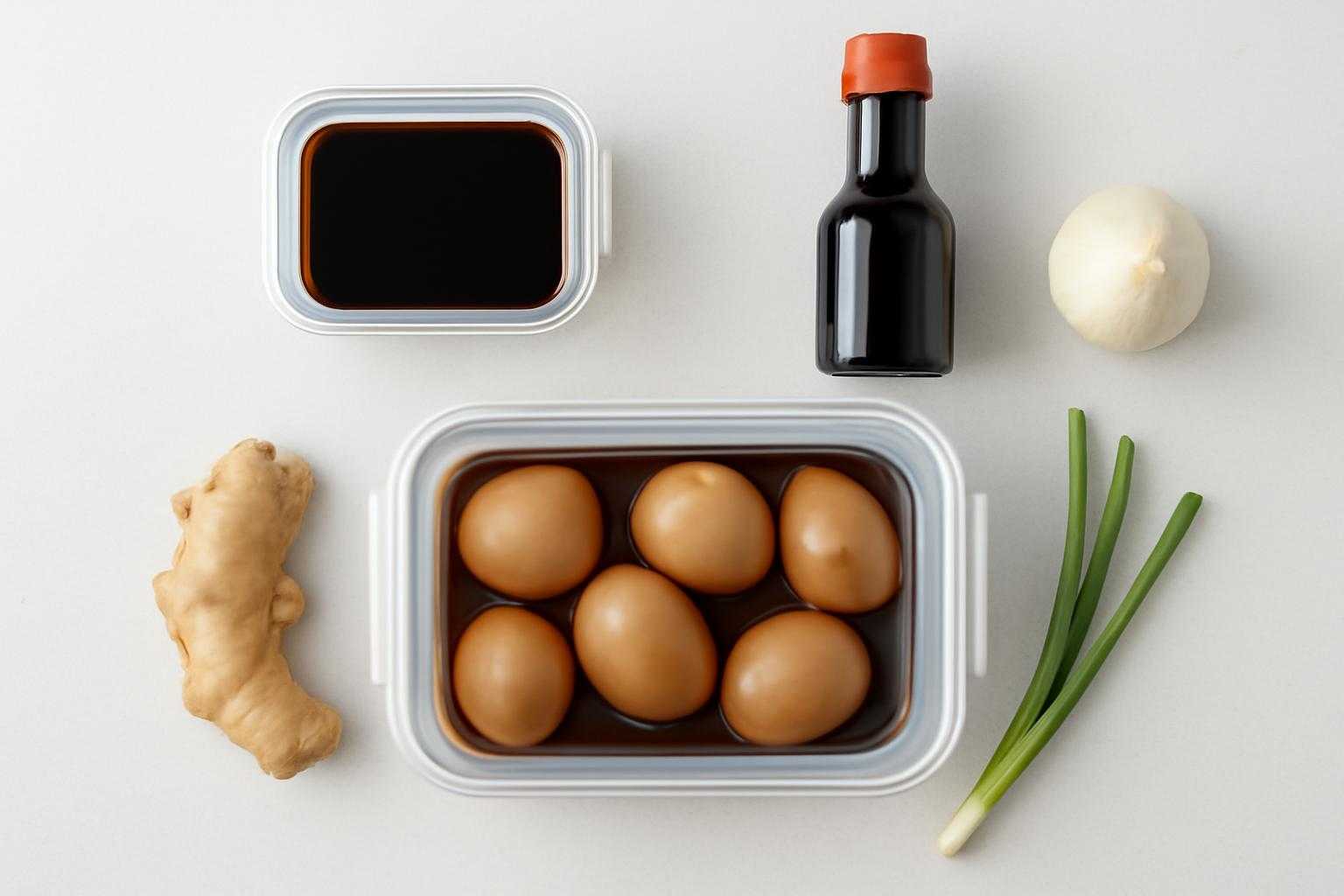 タッパーに入った味玉と調味料、保存用の容器が並んだ様子