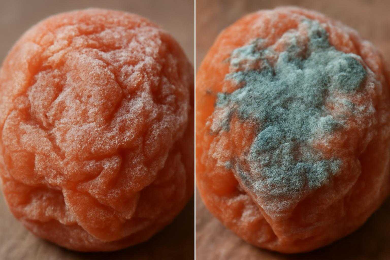 梅干しの表面に付着した白い膜とカビを見分けるポイントを示す比較画像