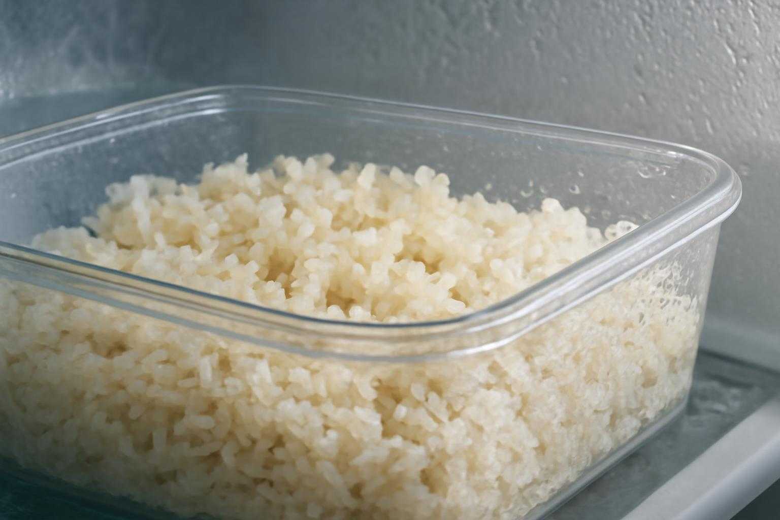 冷蔵庫の中で硬くなったごはんとご飯粒のクローズアップ