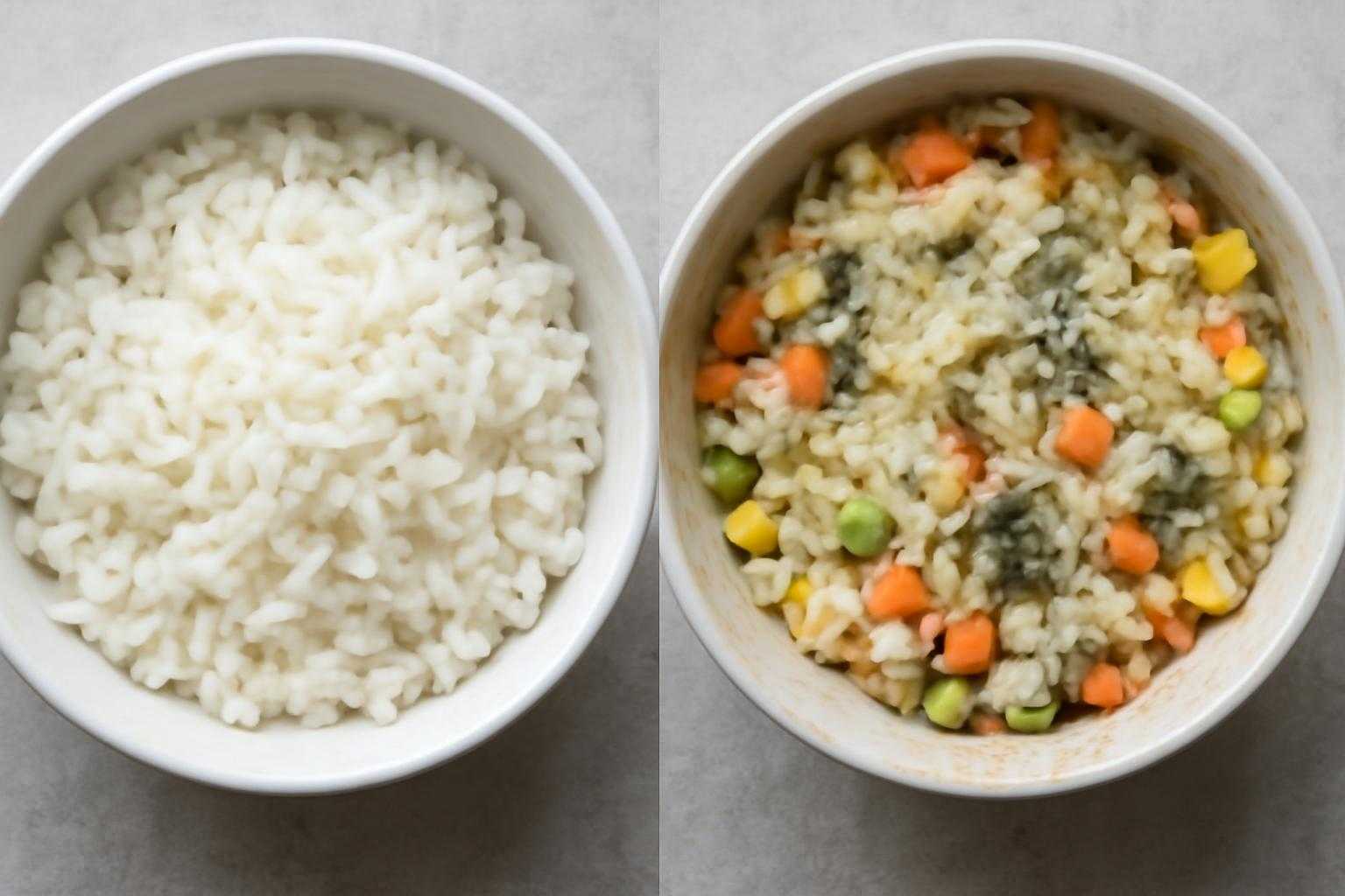 傷みかけた炊き込みご飯と新鮮な白ごはんを比較した画像
