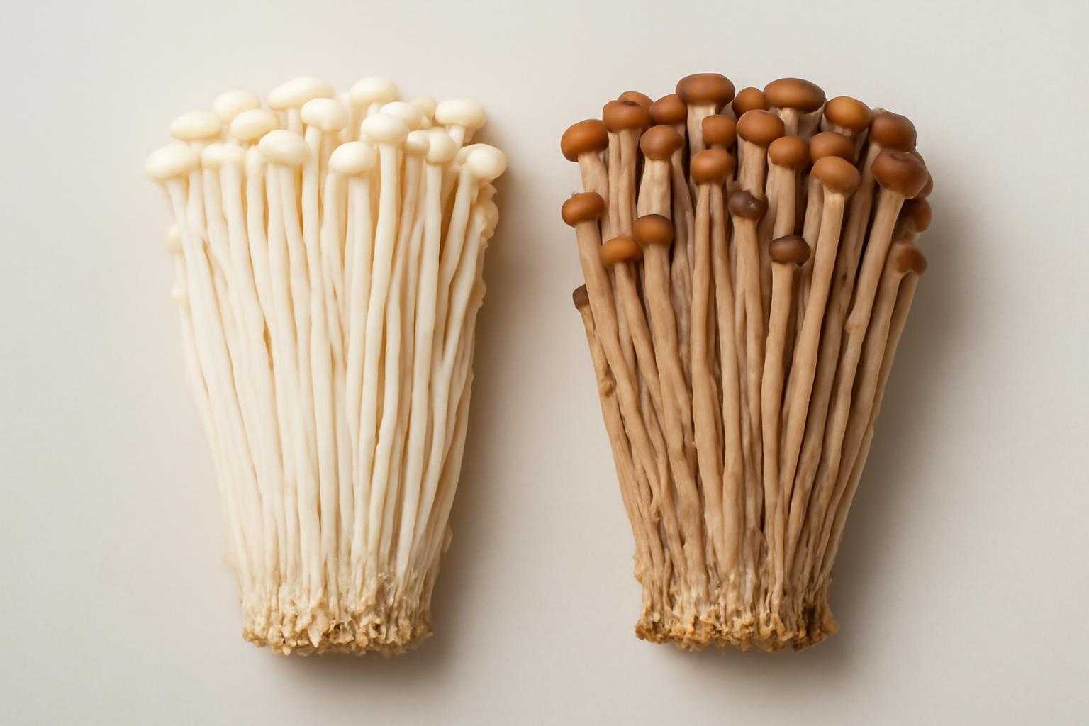 白いえのきと茶色いえのきを並べて比較している様子